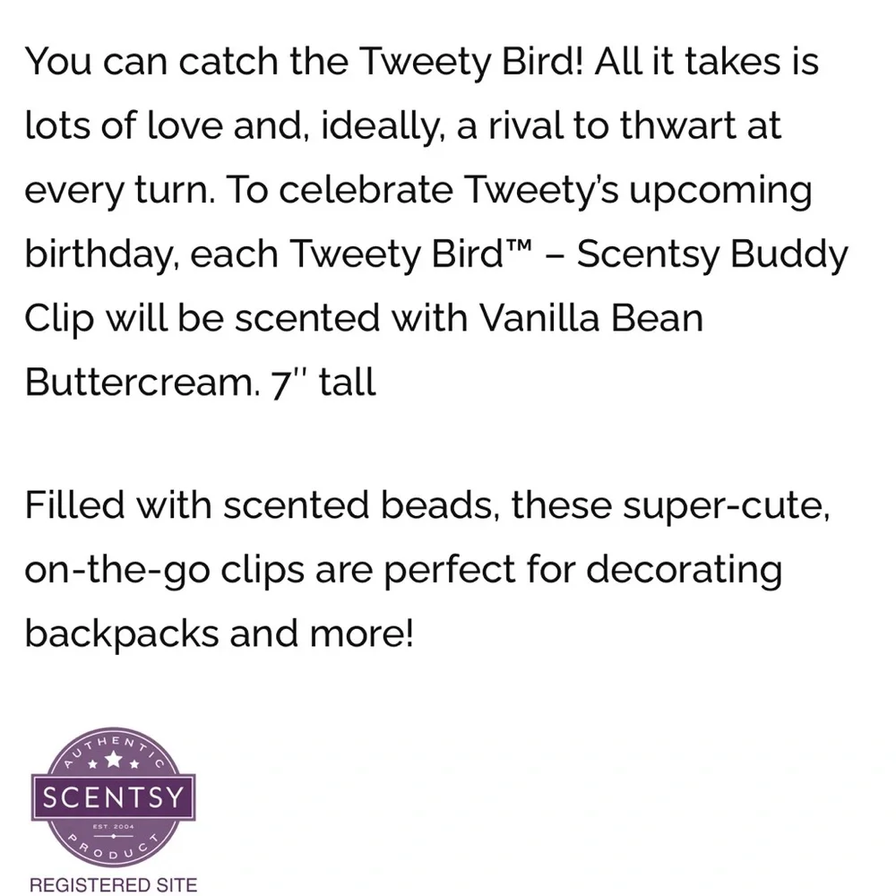 Scentsy‎ kids buddy clip Tweety Vanilla Bean Buttercream NEW